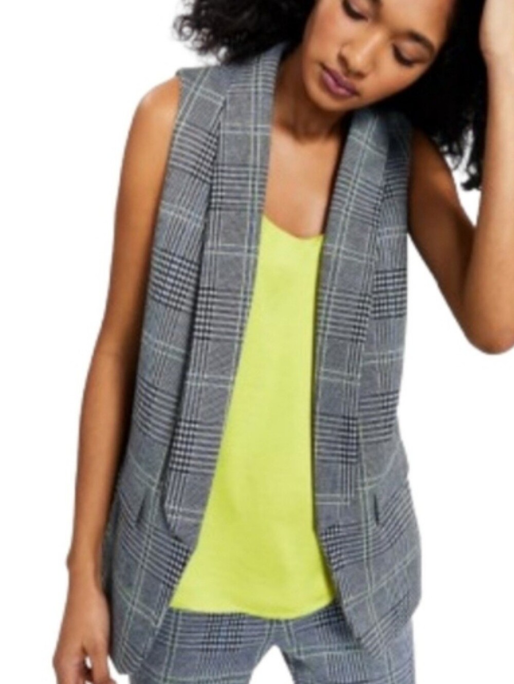 NWT Bar III Plaid Longline Vest Blazer XL Black Lemon Lime $119